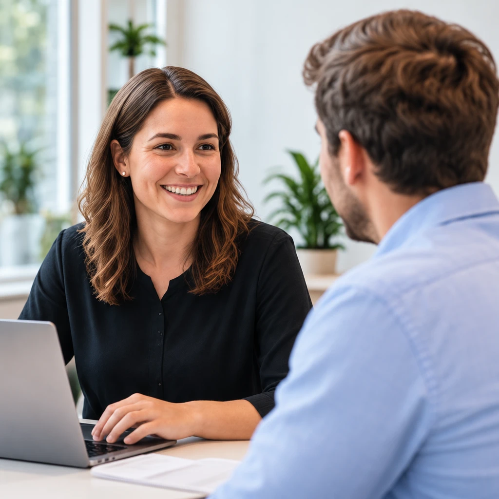 Twee collega's in gesprek bij een laptop